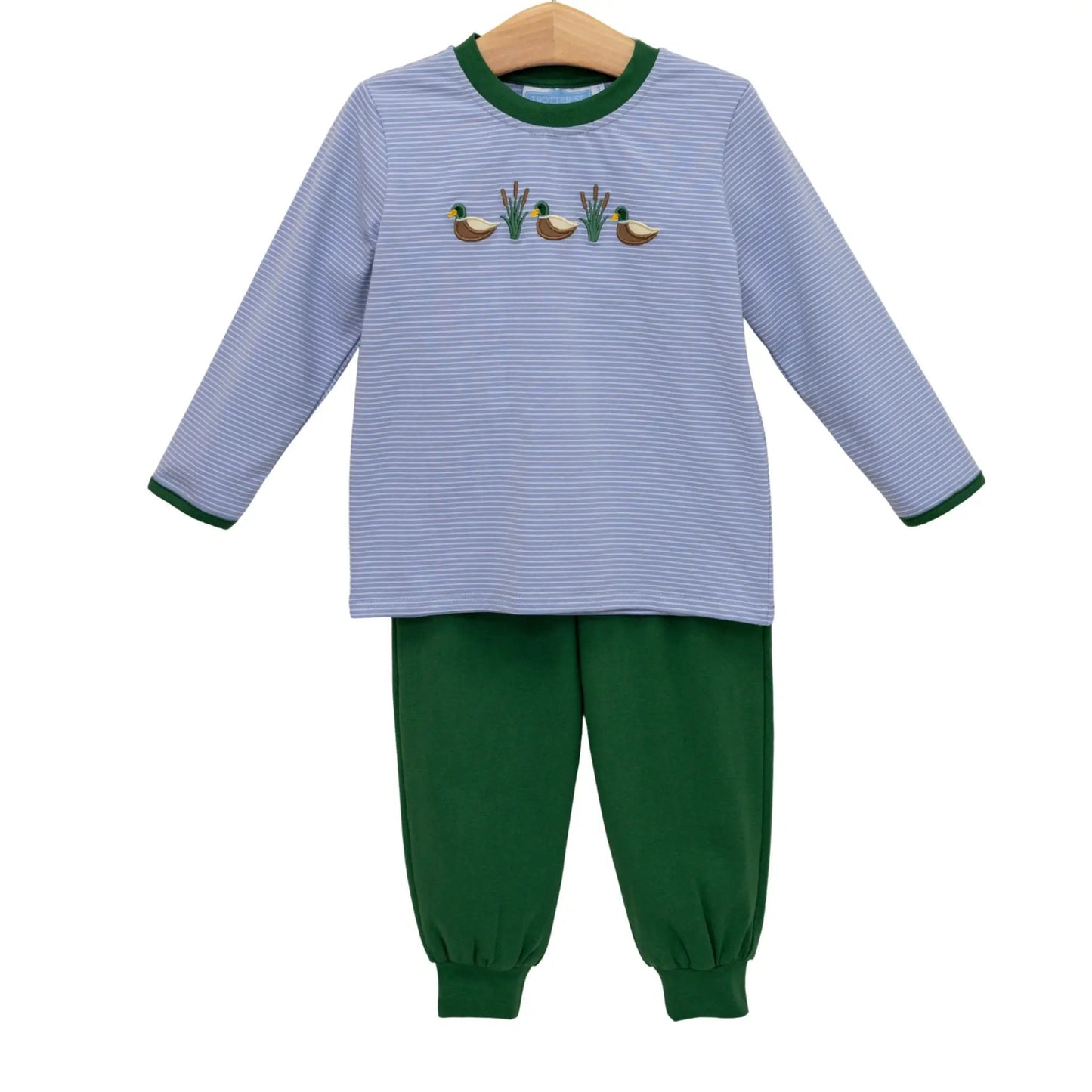Trotter Street Kids Boys Blue Stripe Mallard Trio Pant Set with Green Pants