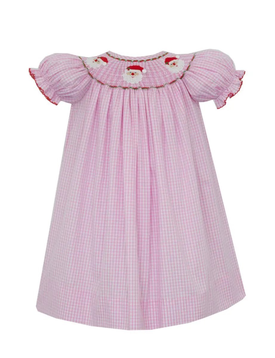 Anavini Girls Pink Gingham Santa Face Short Sleeve Bishop Dress by Anavini