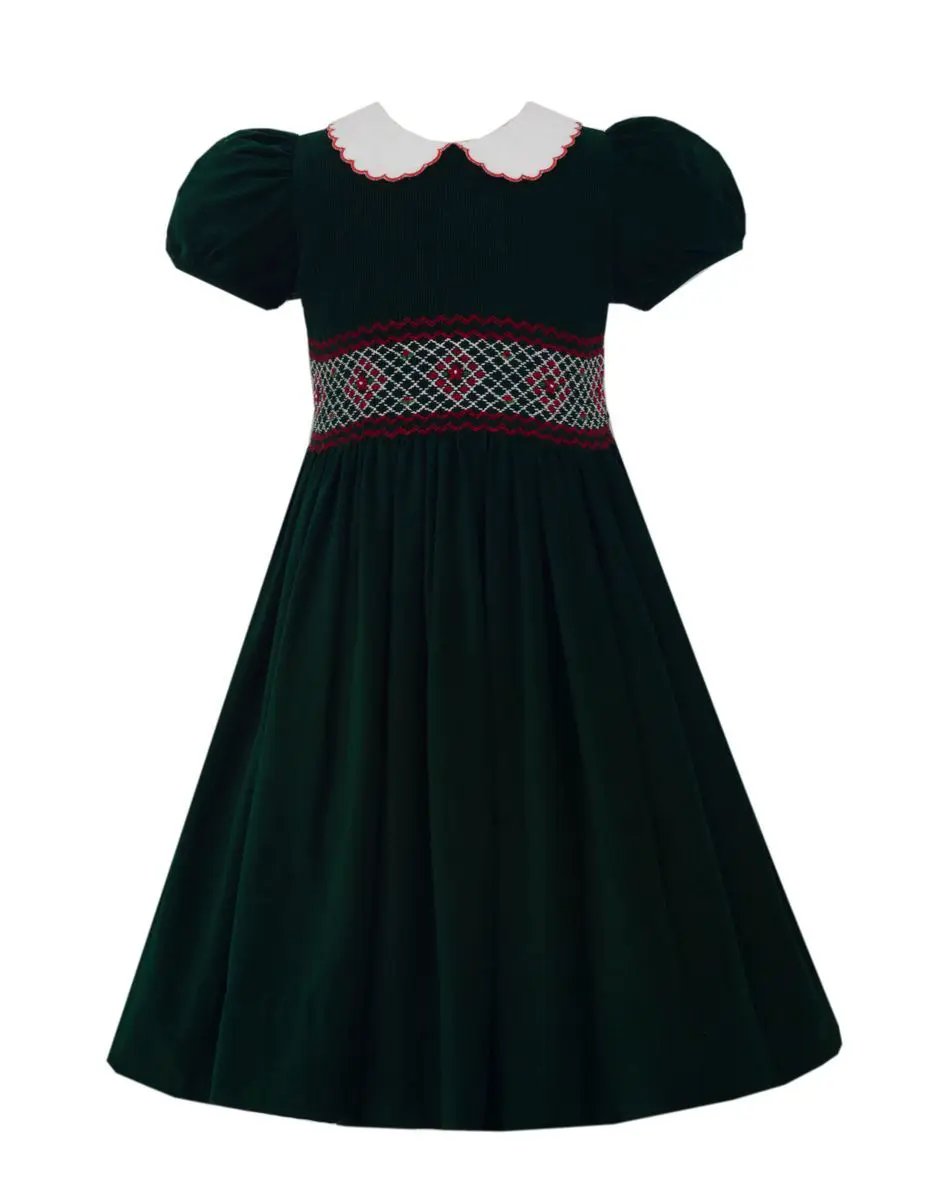 Anavini Girls Green Corduroy Smocked Christmas Dress