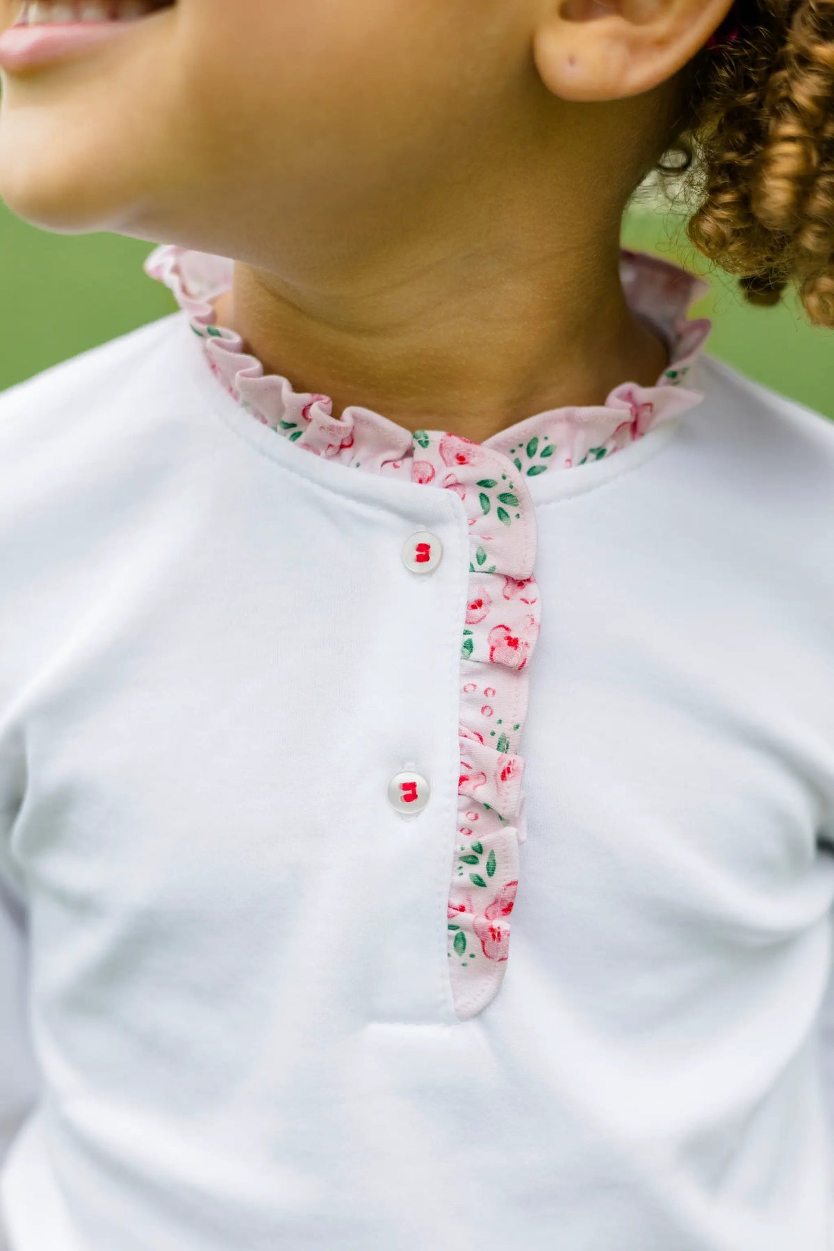Proper Peony Girls White Henley Top with Pink Zinnia Blooms Trim by Proper Peony