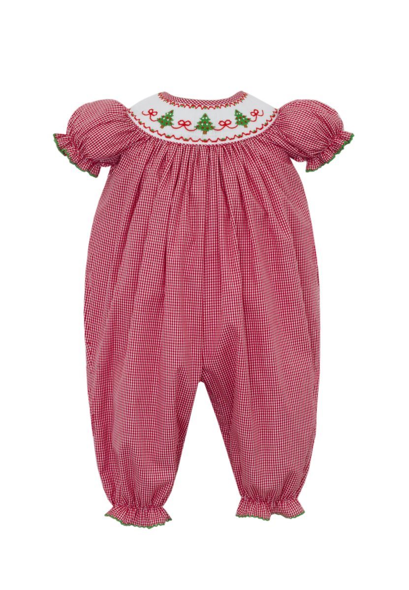 Petit Bebe Baby Girls Red Gingham Smocked Christmas Tree Romper with Short Sleeves
