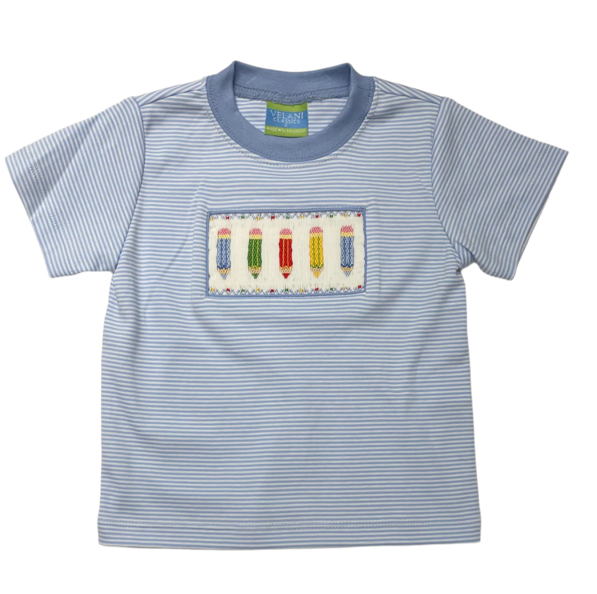 Anavini Velani Toddler Boys Blue Striped Shirt - Smocked School Pencils