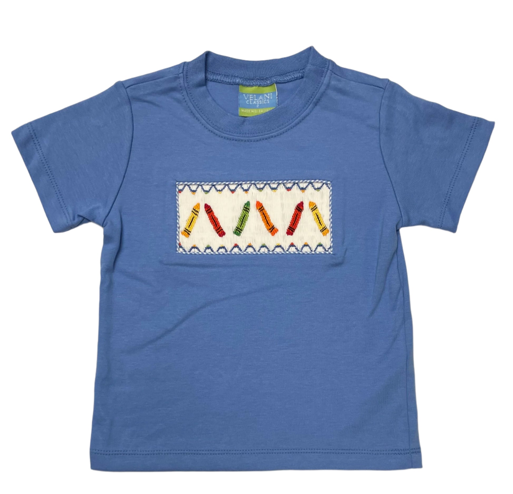 Anavini Velani Toddler Boys Periwinkle Blue Shirt - Smocked School Crayons