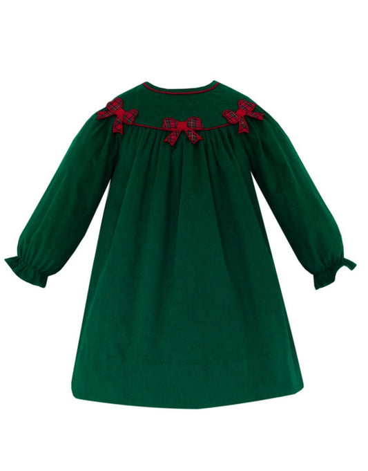 Claire & Charlie Girls Holiday Green Corduroy Long Sleeve Bishop Dress with Red Bows by Claire & Charlie