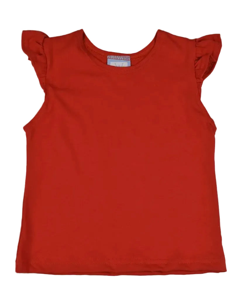 A bright red sleeveless top with ruffled cap sleeves, laid flat against a white background.