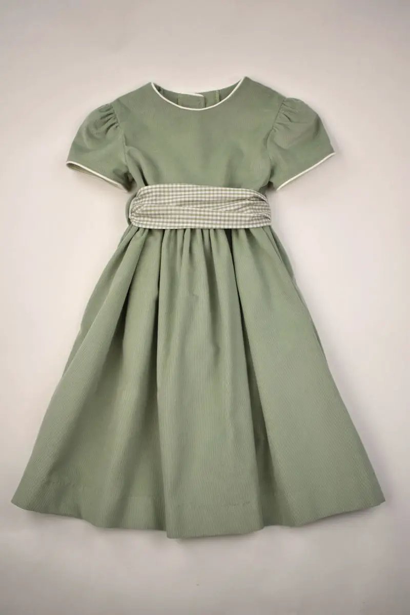 Funtasia Too Girls Sage Green Corduroy Dress with Green Check Sash