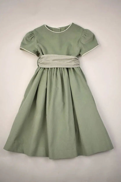 Funtasia Too Girls Sage Green Corduroy Dress with Green Check Sash