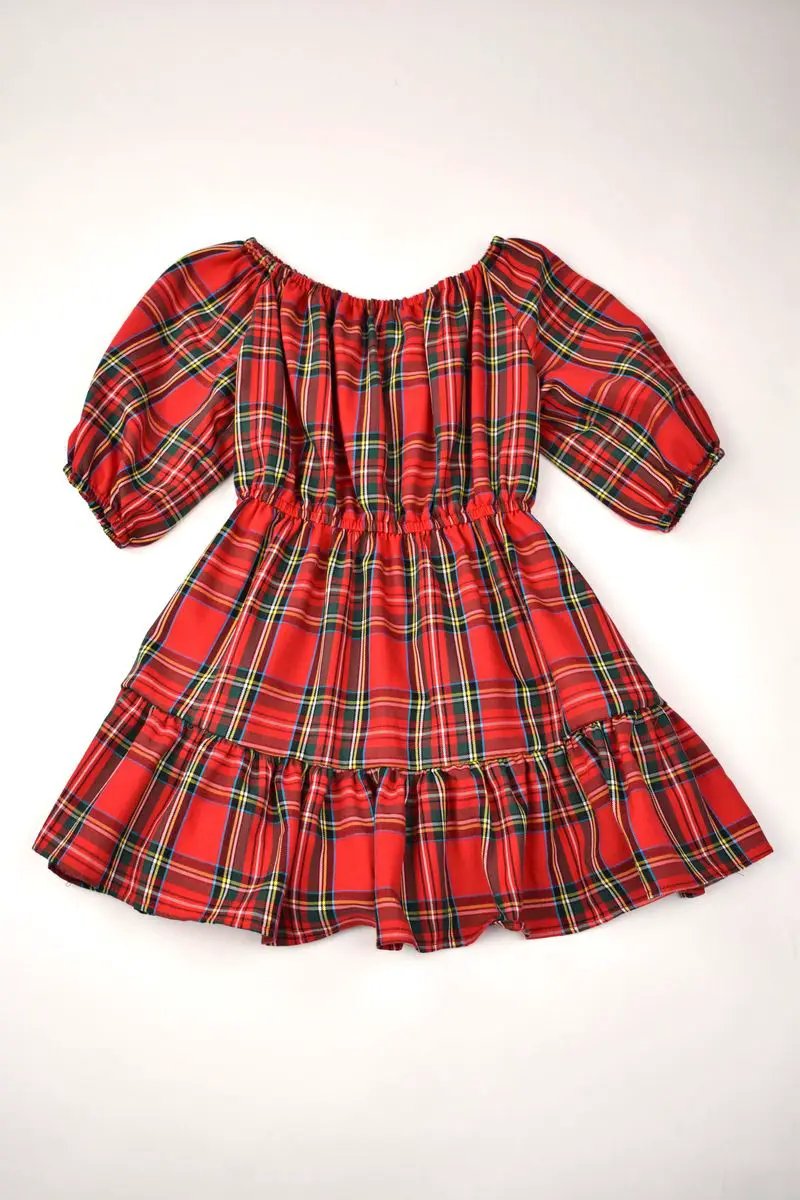 Funtasia Too Girls Red Holiday Plaid Tiered Peasant Dress