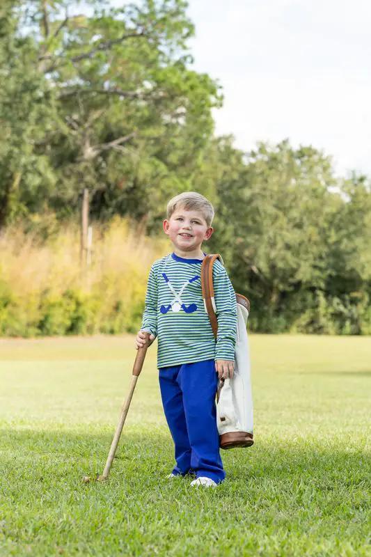 Trotter Street Kids Boys Green Stripe Golf Pant Set with Blue Pants