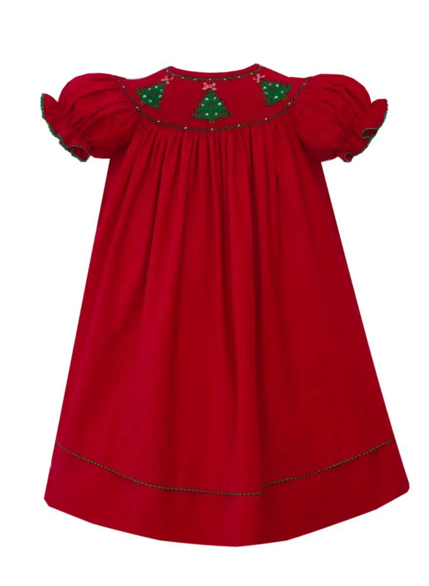 Anavini Girls Red Corduroy Xmas Tree Short Sleeve Bishop Dress by Anavini