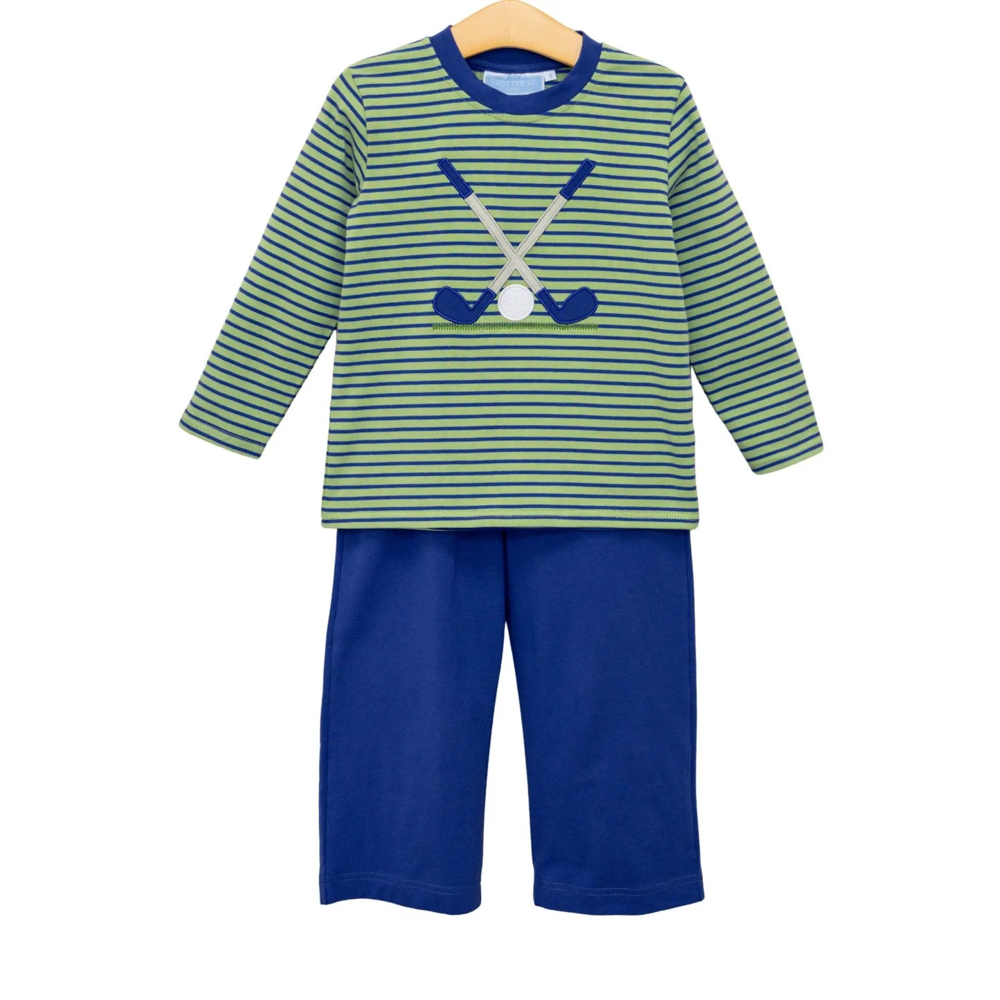 Trotter Street Kids Boys Green Stripe Golf Pant Set with Blue Pants