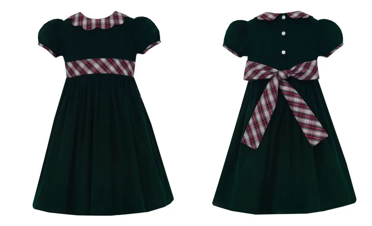 Claire & Charlie Girls Green Corduroy Short Sleeve Dress with Red & White Plaid Scalloped Collar & Sash by Claire & Charlie