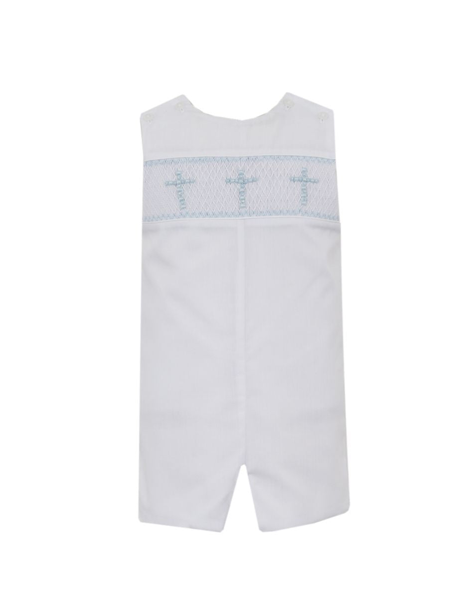 Anavini Boys White Batiste Smocked Blue Crosses Jon Jon Set - White Shirt - Blue Piping by Anavini