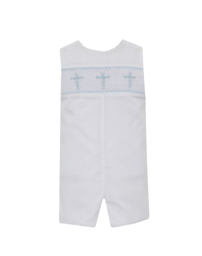 Anavini Boys White Batiste Smocked Blue Crosses Jon Jon Set - White Shirt - Blue Piping by Anavini