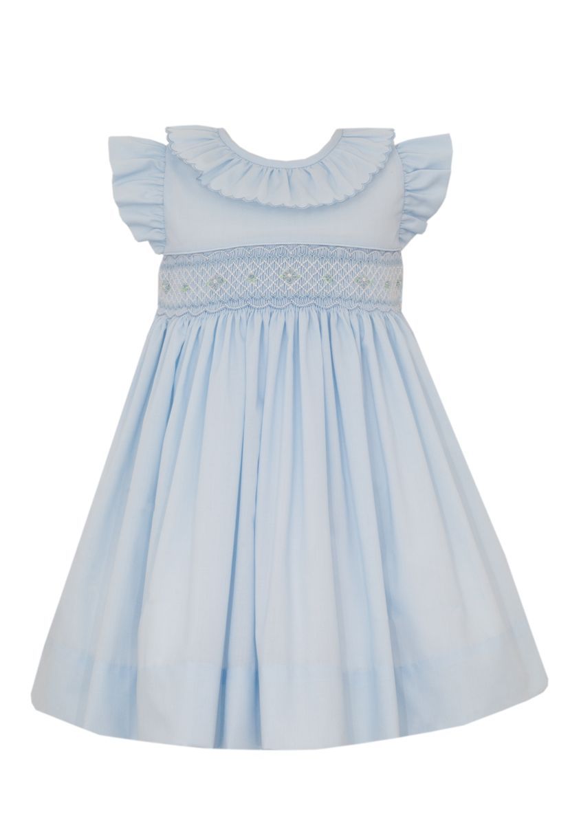 Anavini Couture Girls Blue Swiss Batiste Smocked Float Dress - Ruffled Scallop Collar