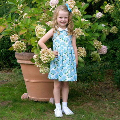 Rachel Riley London Girls Blue Hydrangea Peter Pan Collar Dress - Bow on Back by Rachel Riley