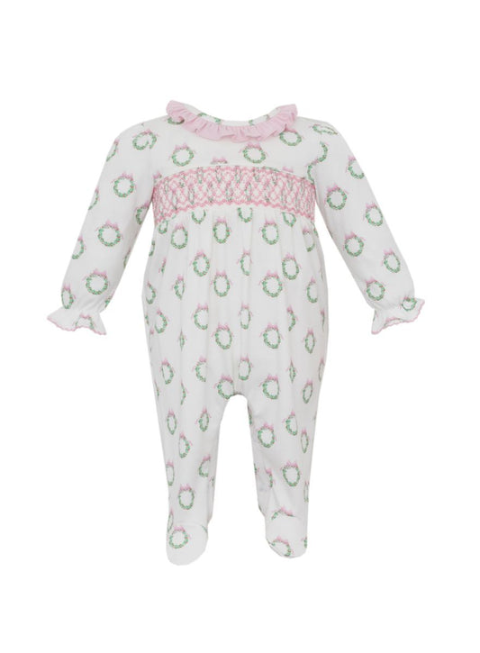 Petit Bebe Knits Girls Smocked Holiday Wreath Knit Footie with Pink Collar by Petit Bebe