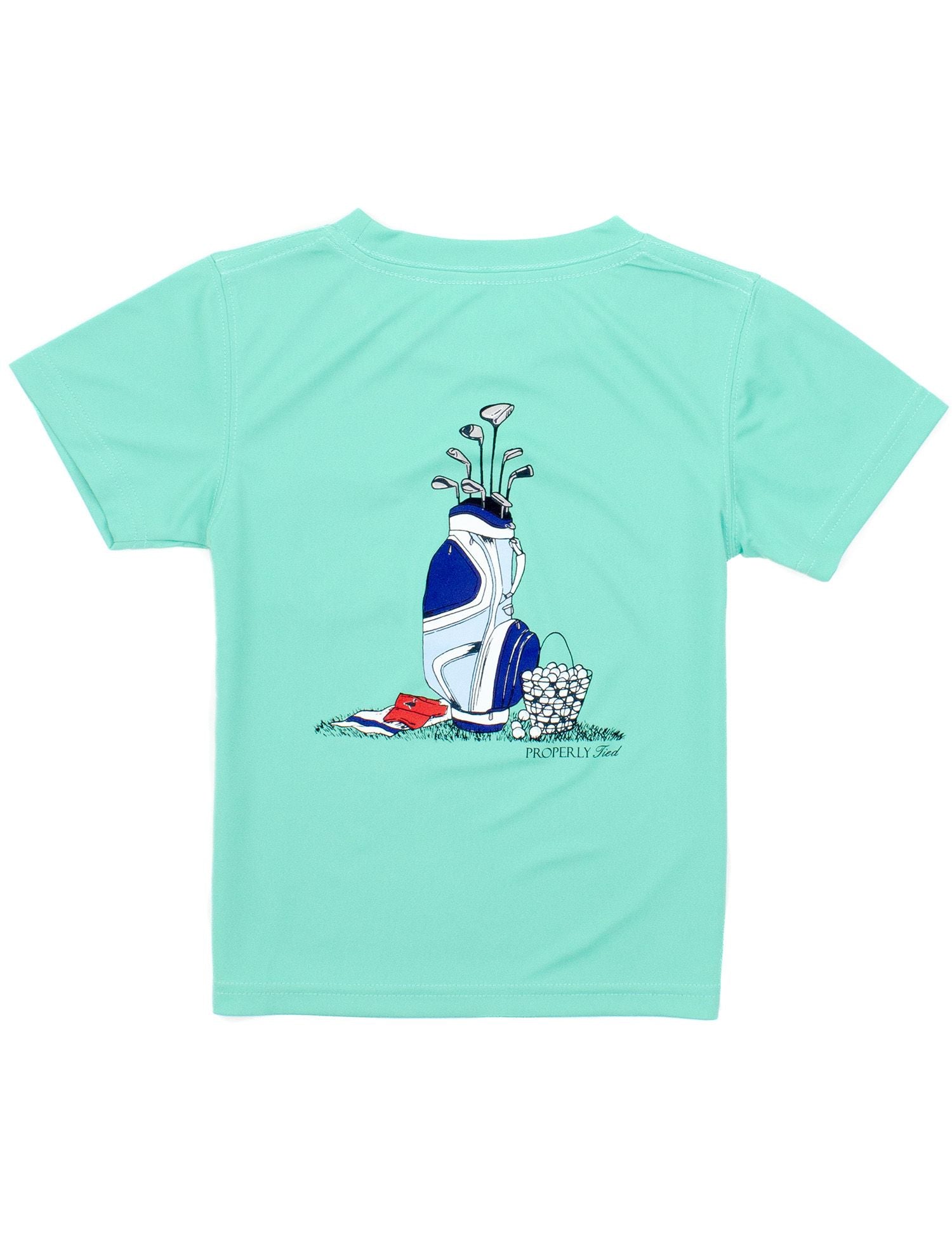 Properly Tied Boys Performance Tee Shirt - Back Graphic - Golf Clubs on Soft Green