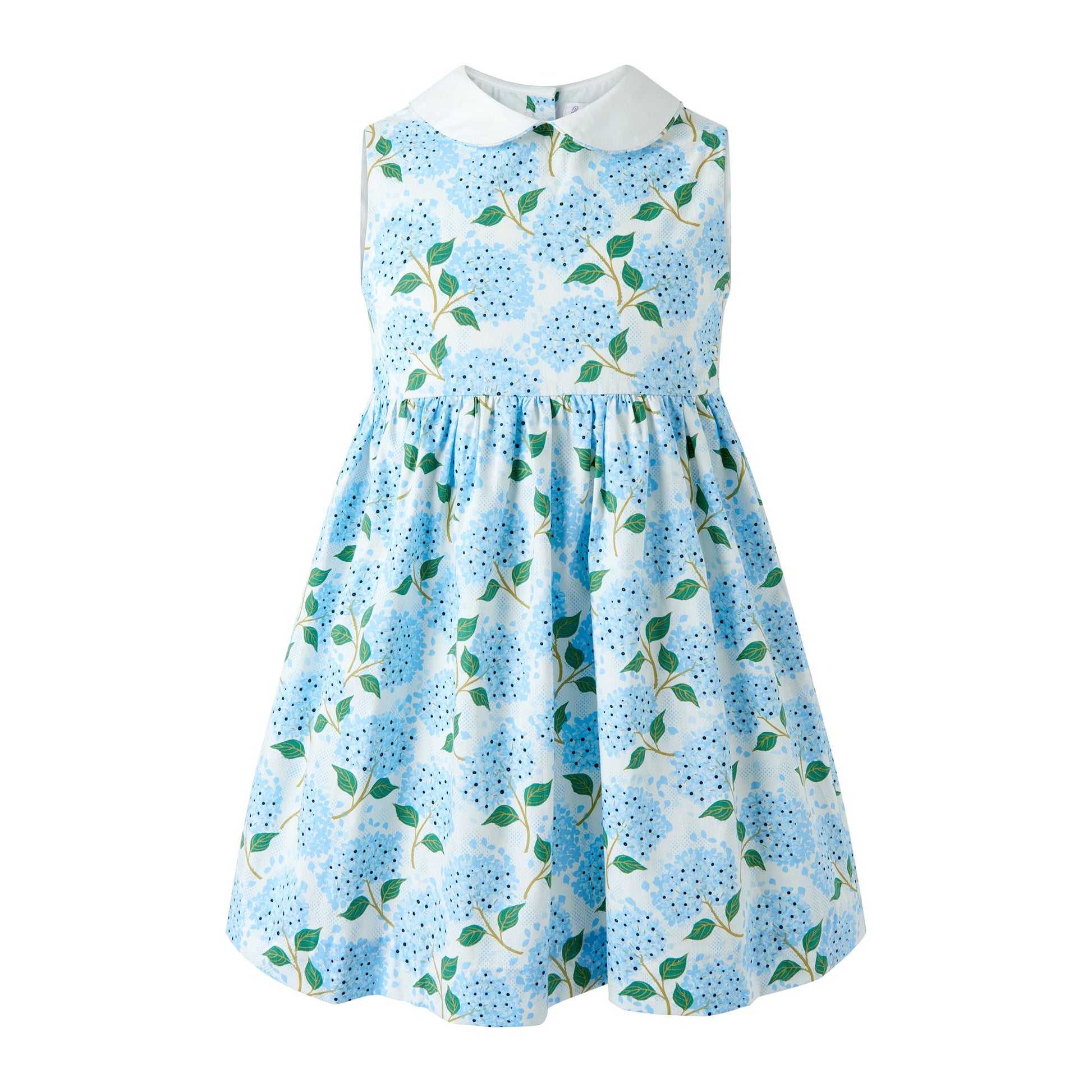 Rachel Riley London Girls Blue Hydrangea Peter Pan Collar Dress - Bow on Back