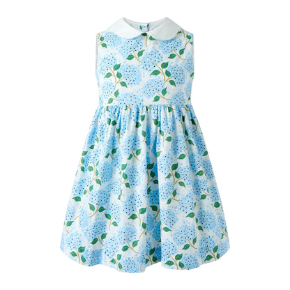 Rachel Riley London Girls Blue Hydrangea Peter Pan Collar Dress - Bow on Back by Rachel Riley