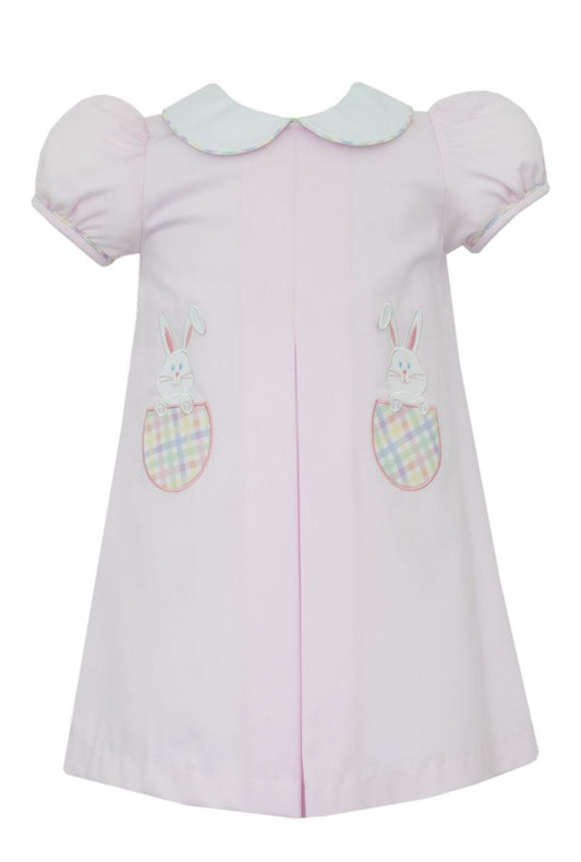 Claire & Charlie Girls Pink Pique A-line Float Dress with Easter Bunny on Side Pockets by Claire & Charlie
