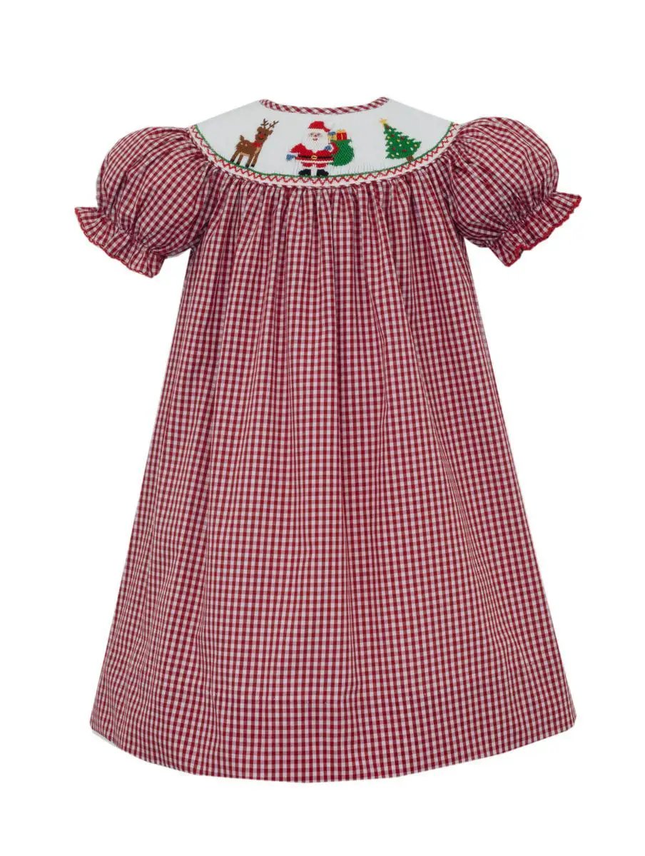 Anavini Girls Red Gingham Santa Short Sleeve Bishop Dress by Anavini
