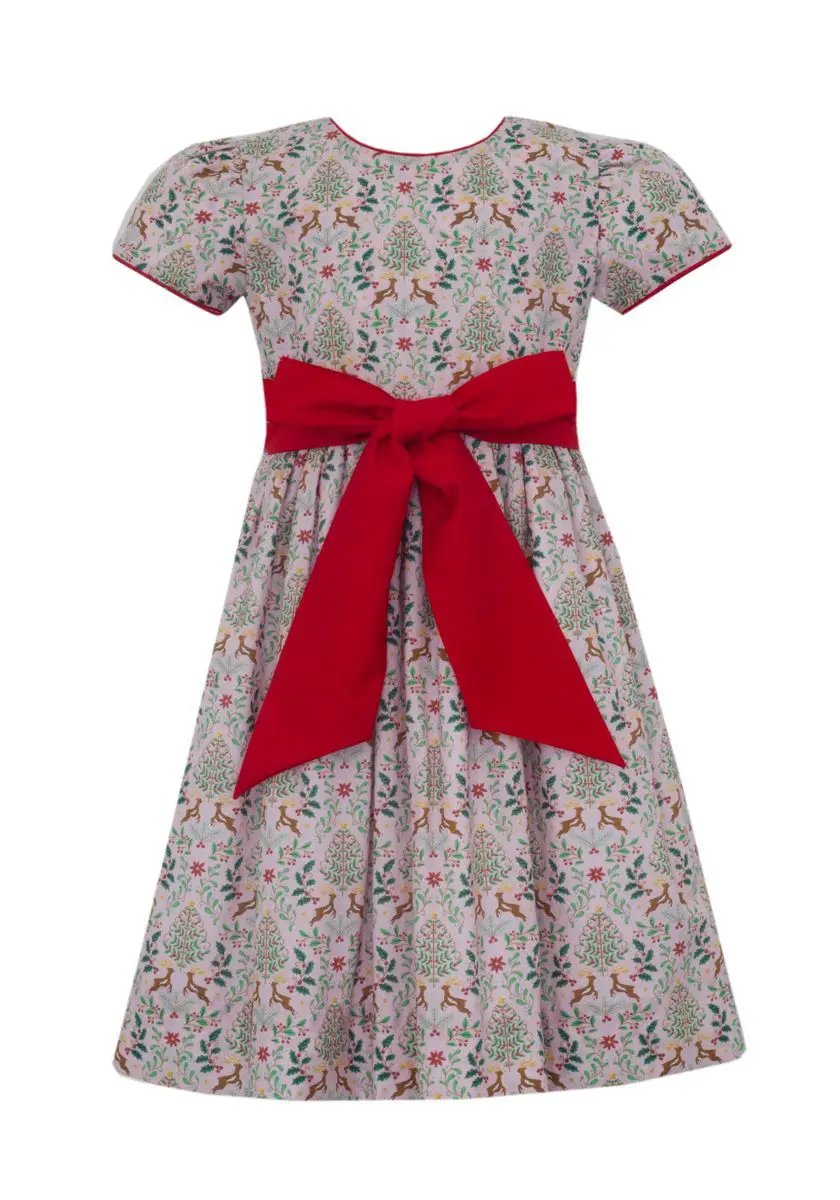 Claire & Charlie Girls Reindeer Xmas Print Short Sleeve Dress with Red Bow Sash