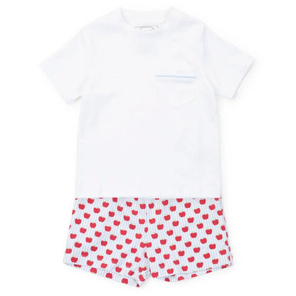 Lila & Hayes Boys Walker Shorts Set - Blue with Red Schoolhouse Apples