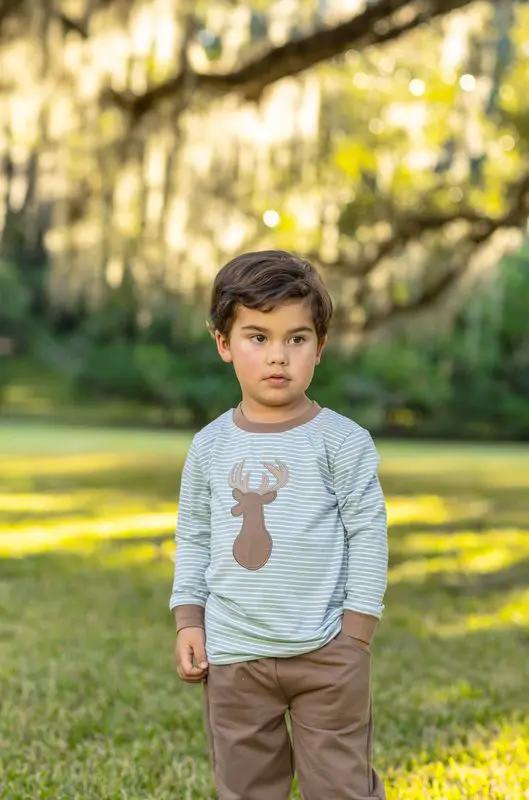 Trotter Street Kids Boys Green Stripe Deer Pant Set with Brown Pants