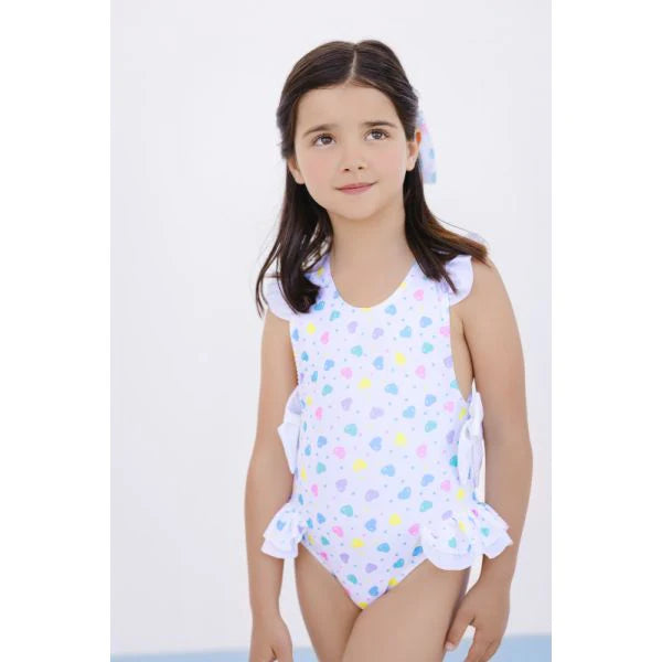 Sal & Pimenta Girls Multi Color Pastel Hearts Swimsuit - Bows at Hips