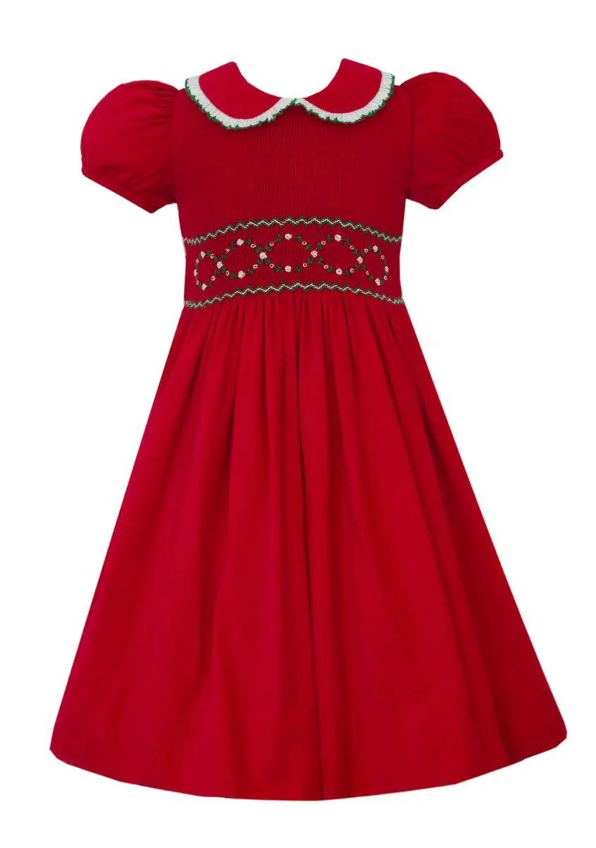 Anavini Girls Red Corduroy Short Sleeve Dress