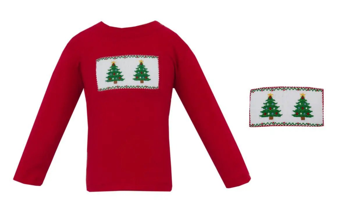 Anavini Boys Red Knit Smocked Christmas Trees Long Sleeve Shirt
