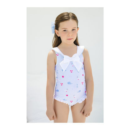 Sal & Pimenta Girls Girls Blue Stripe Nautical Print Swimsuit - Sailor Collar