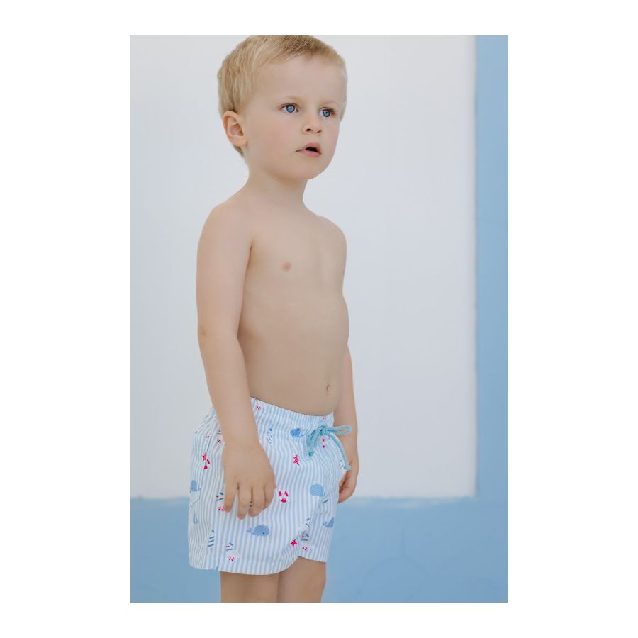 Sal & Pimenta Boys Blue Stripe Nautical Print Swim Trunks