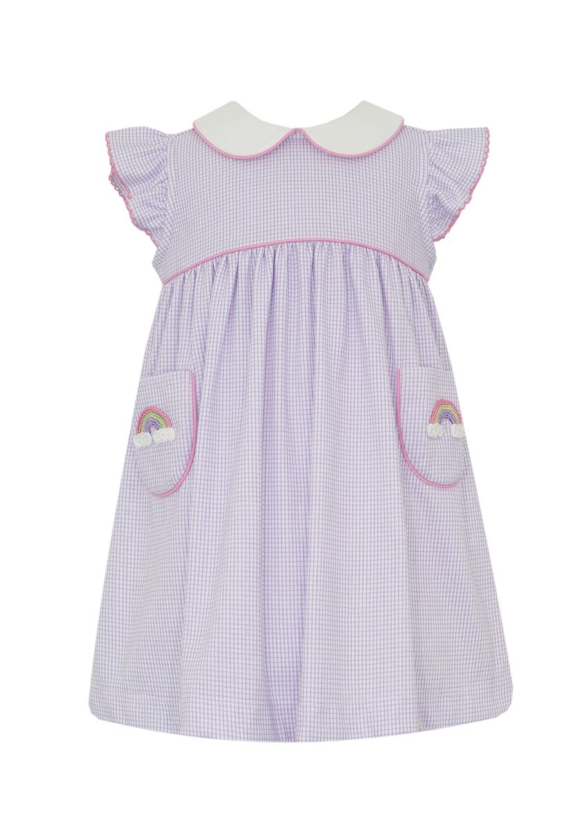 Petit Bebe Knits Girls Lilac Knit Gingham Sleeveless Dress with Rainbows on Pockets