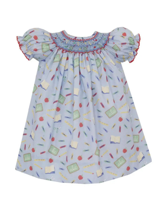 Petit Bebe Girls Back to School Print Smocked Bishop Dress
