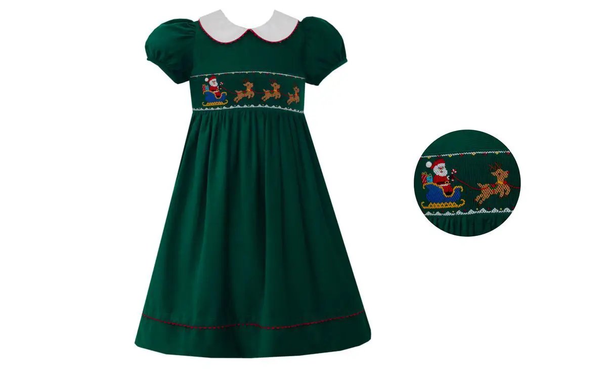 Anavini Girls Green Corduroy Santa Sleigh Short Sleeve Dress by Anavini
