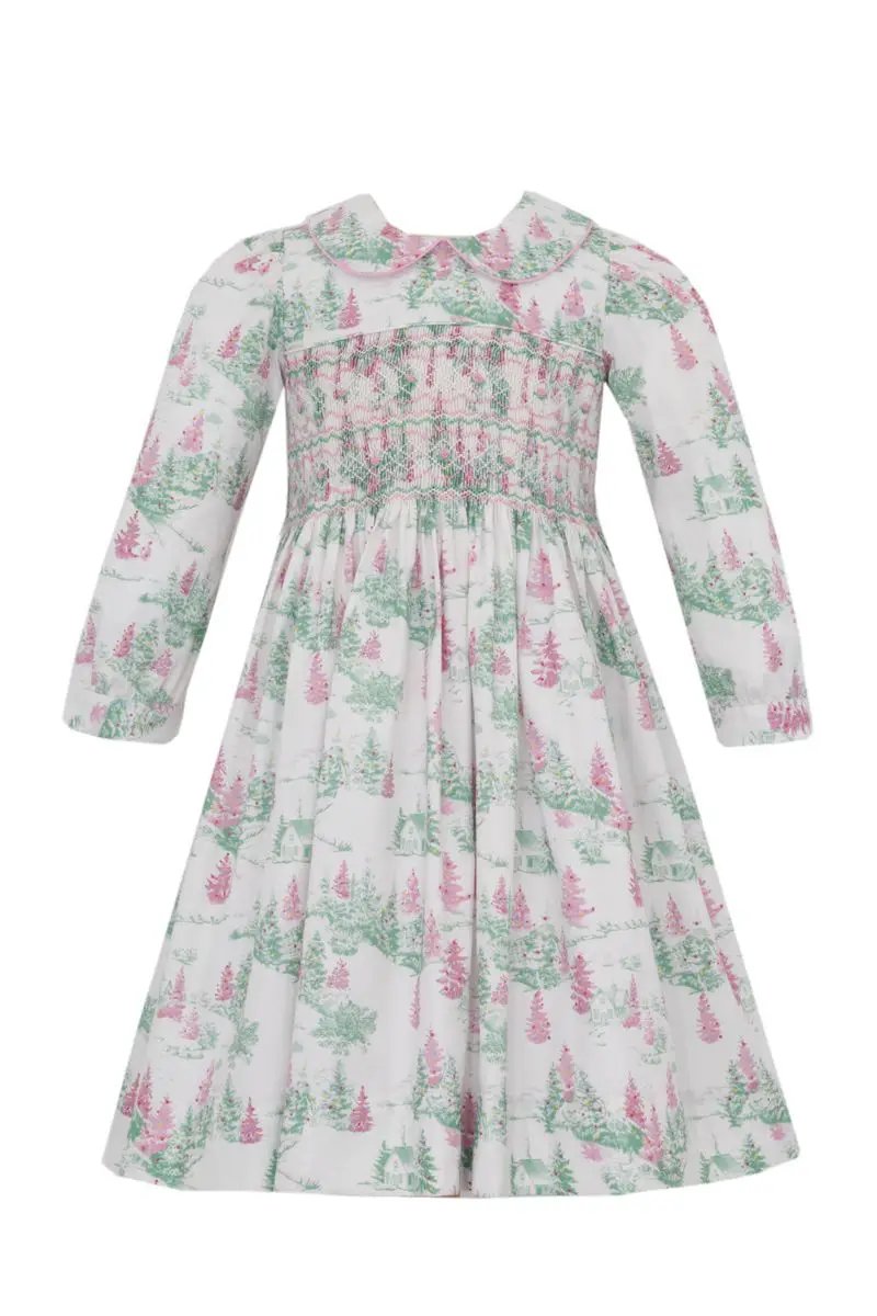 Anavini Girls Pink & Green Xmas Toile Long Sleeve Dress by Anavini