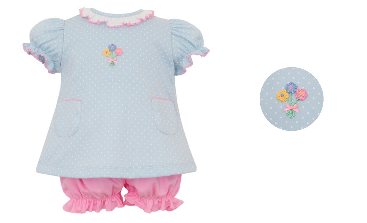 Petit Bebe Knits Girls Light Blue & White Polka Dot Knit Bloomer Set with Pink Bloomers by Petit Bebe