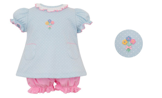 Petit Bebe Knits Girls Light Blue & White Polka Dot Knit Bloomer Set with Pink Bloomers by Petit Bebe
