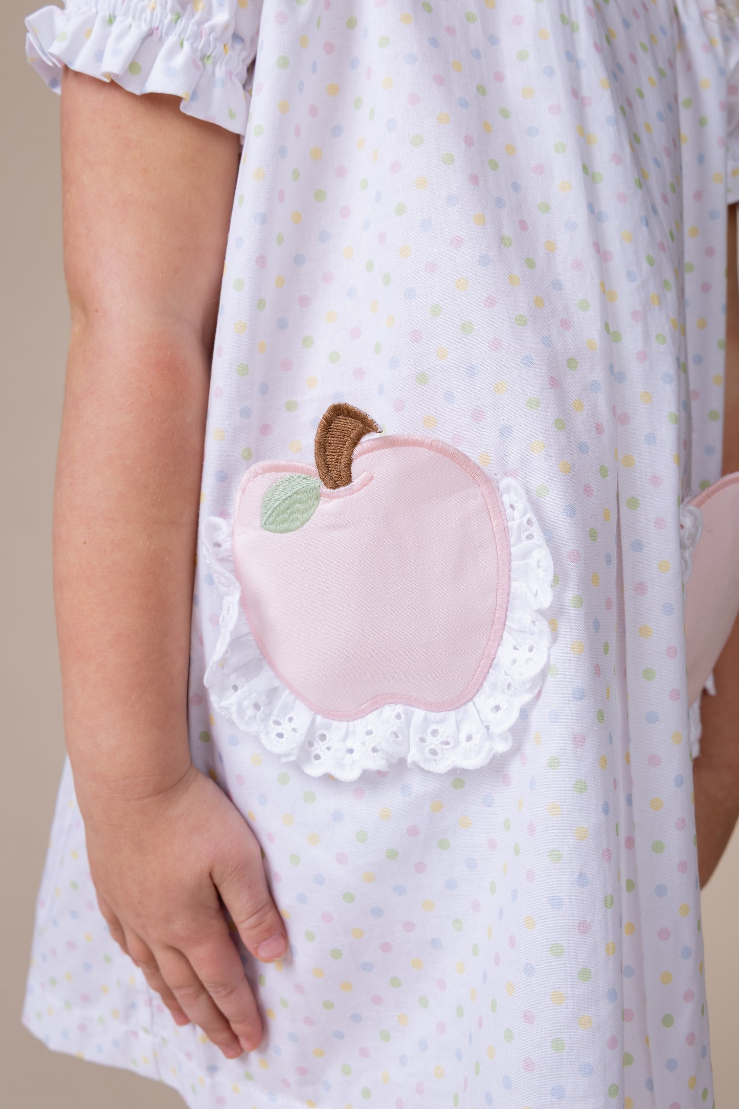Percy & Tyne Girls Pastel Polka Dots Pink Apple Pockets School Day Dress