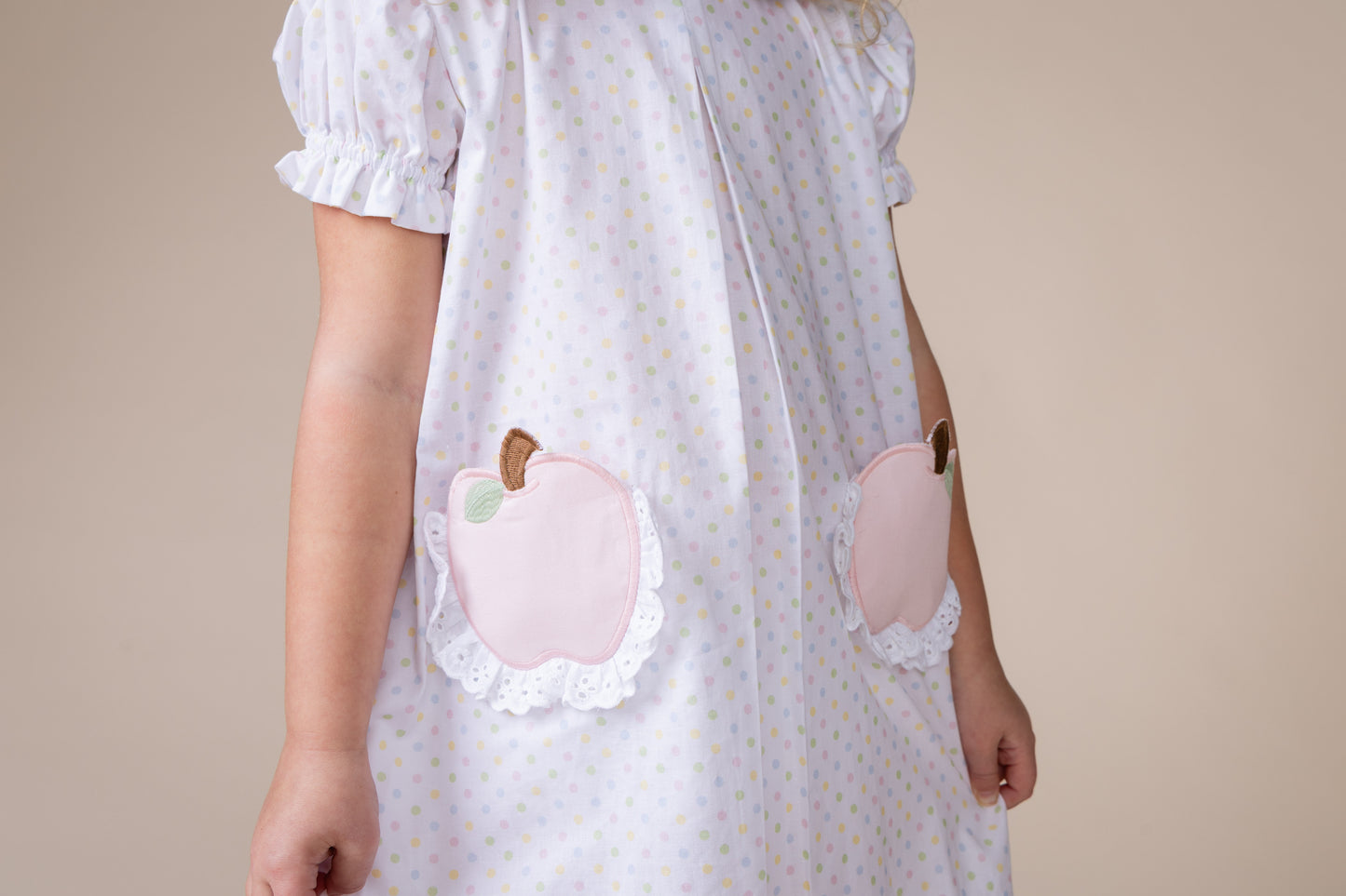 Percy & Tyne Girls Pastel Polka Dots Pink Apple Pockets School Day Dress