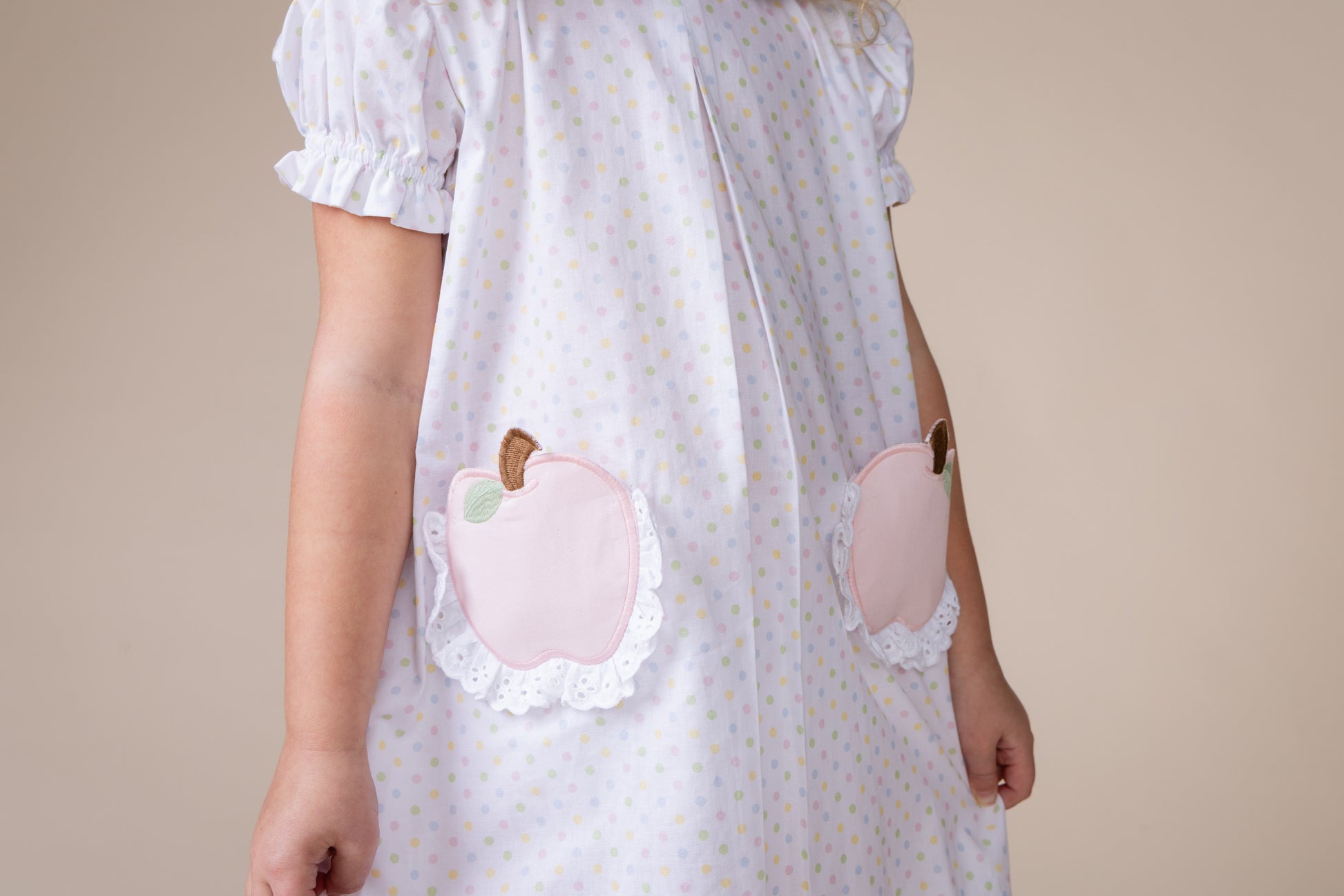 Percy & Tyne Girls Pastel Polka Dots Pink Apple Pockets School Day Dress
