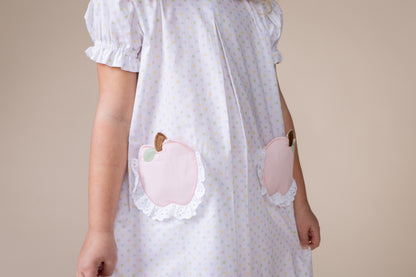 Percy & Tyne Girls Pastel Polka Dots Pink Apple Pockets School Day Dress
