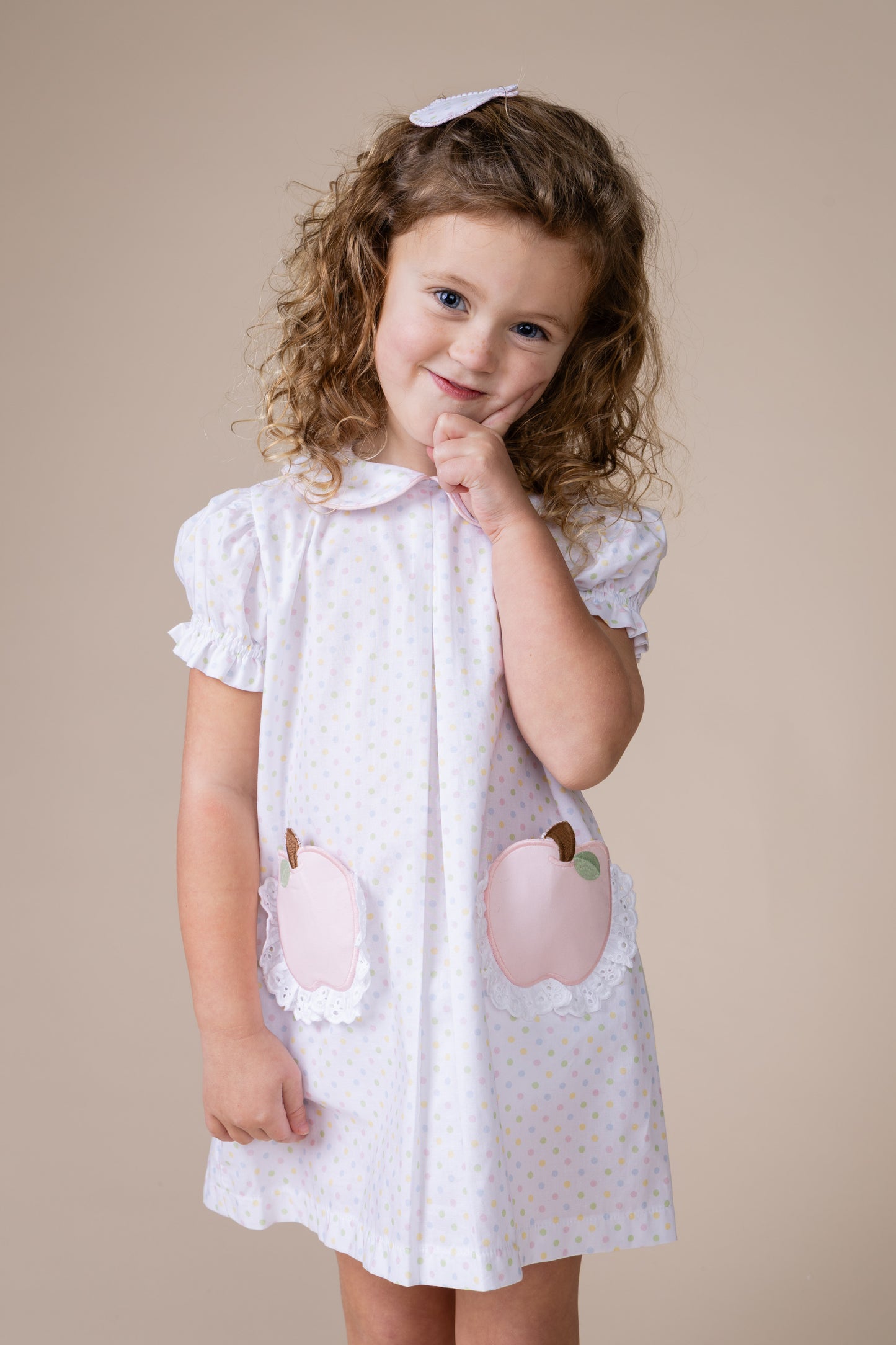 Percy & Tyne Girls Pastel Polka Dots Pink Apple Pockets School Day Dress