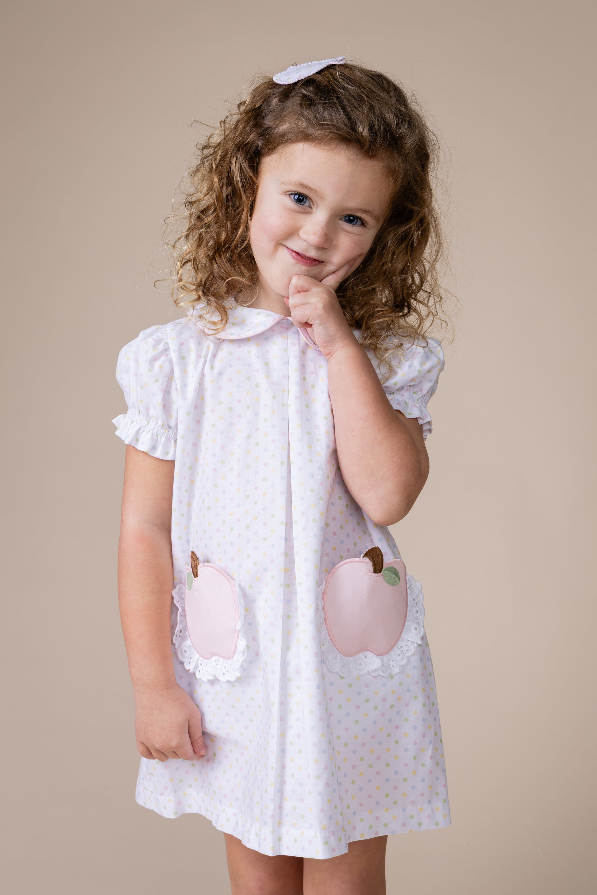 Percy & Tyne Girls Pastel Polka Dots Pink Apple Pockets School Day Dress