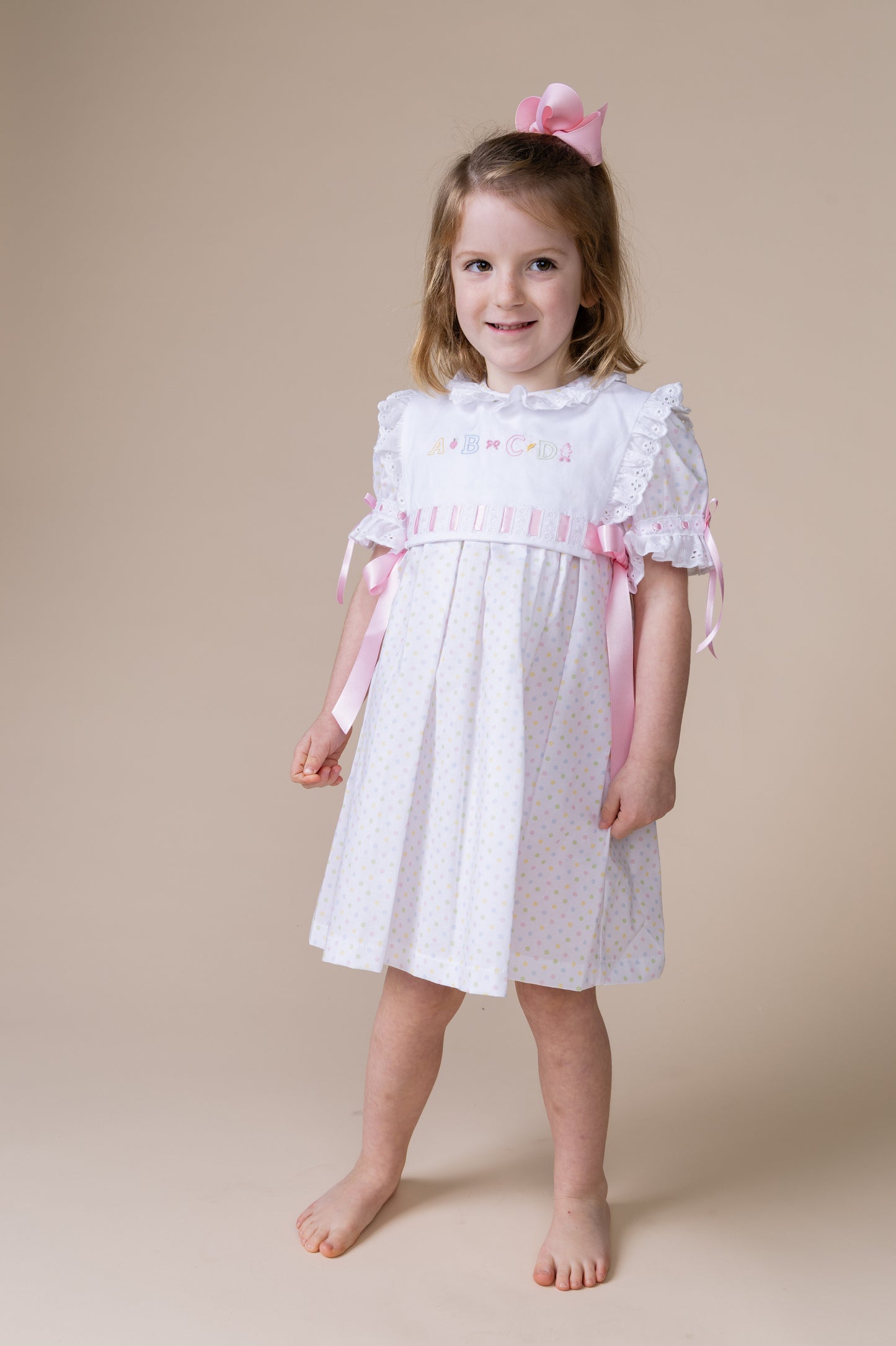 Percy & Tyne Girls Pastel Polka Dots Margaret Dress with Ribbon - Add the Popover!