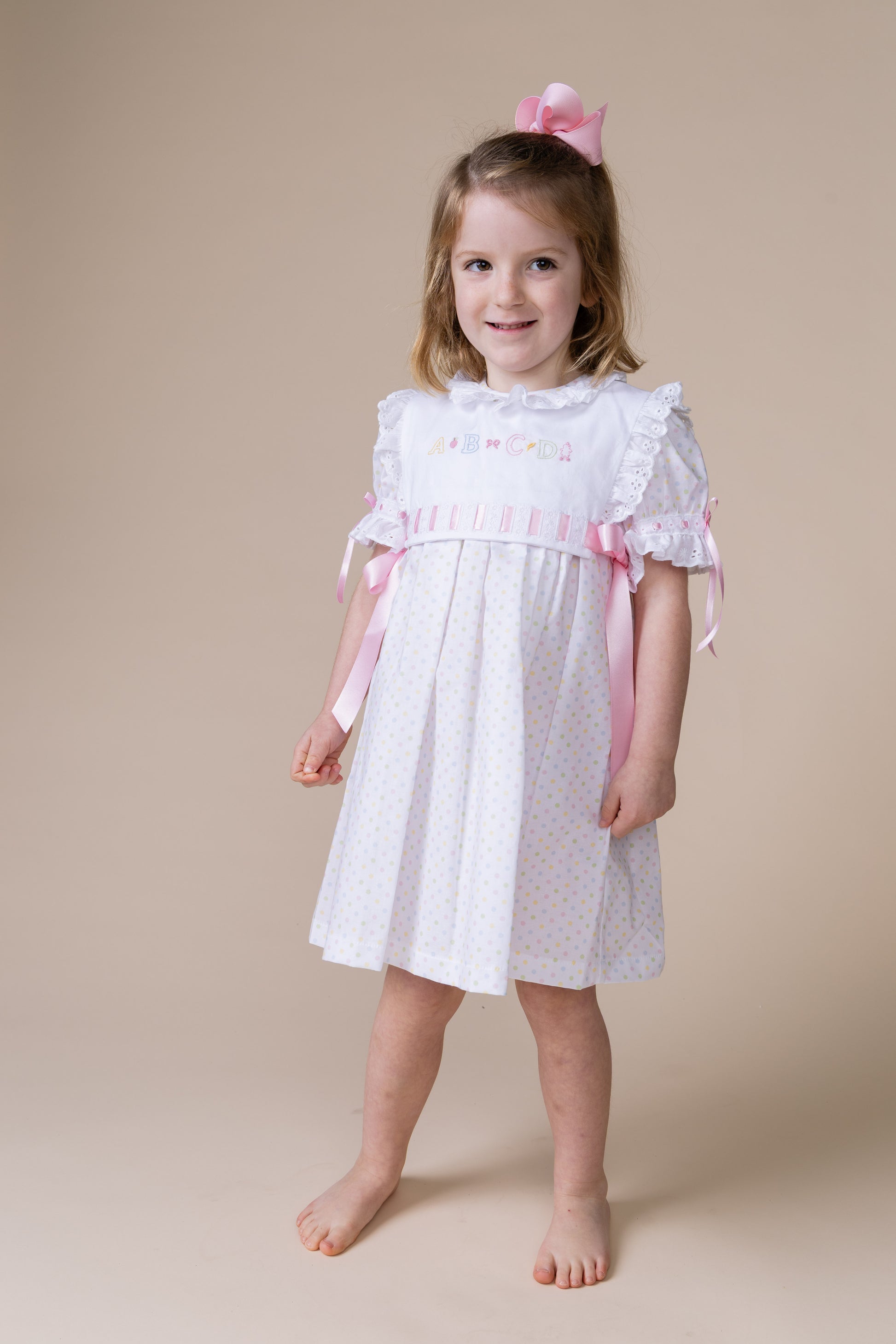 Percy & Tyne Girls Pastel Polka Dots Margaret Dress with Ribbon - Add the Popover!
