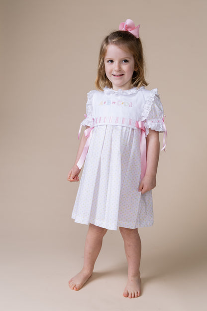 Percy & Tyne Girls Pastel Polka Dots Margaret Dress with Ribbon - Add the Popover!
