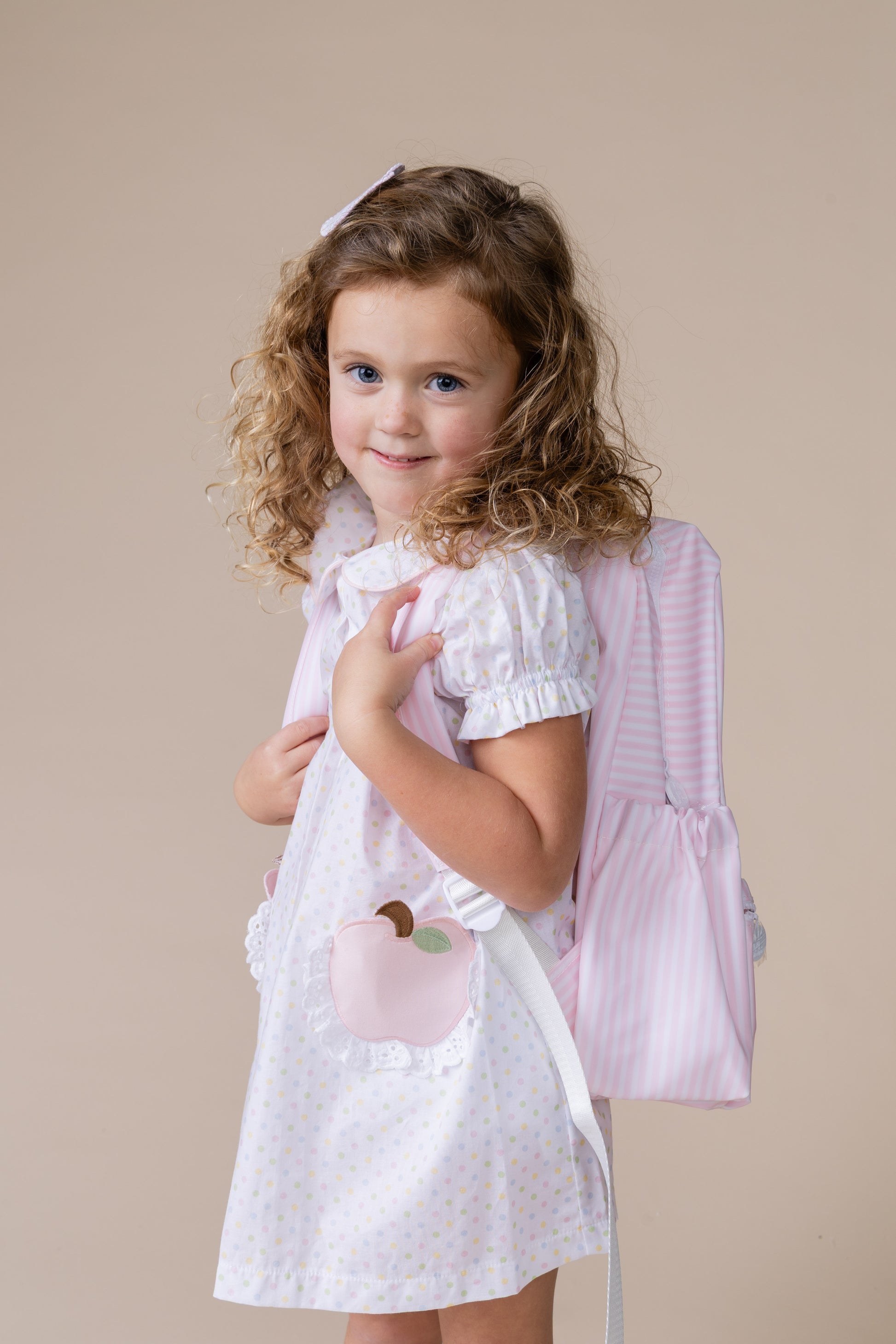 Percy & Tyne Girls Pastel Polka Dots Pink Apple Pockets School Day Dress